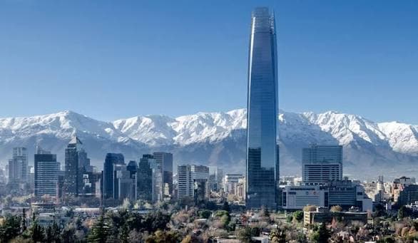 Aerial view of Santiago with the Andes in the background, cityscape under clear skies