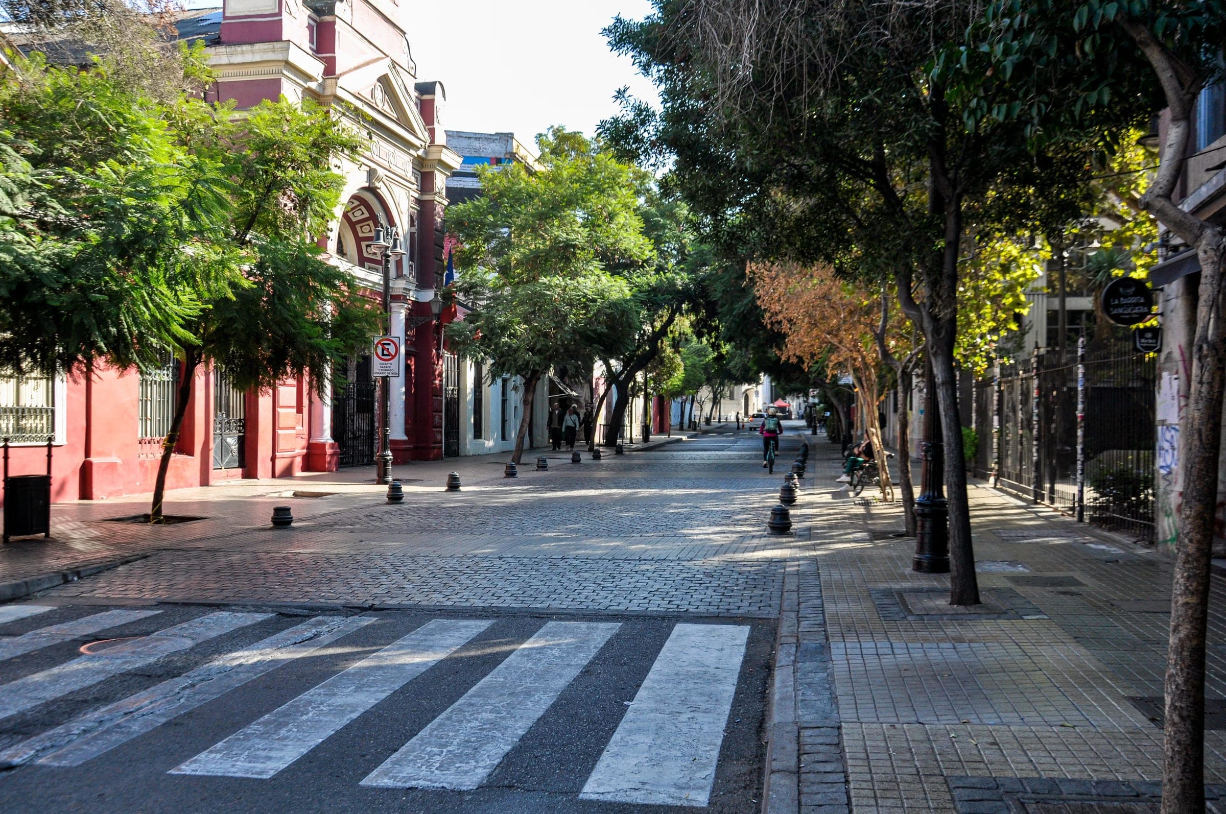 Charming street in Barrio Bellavista, Santiago with lush trees and colorful architecture